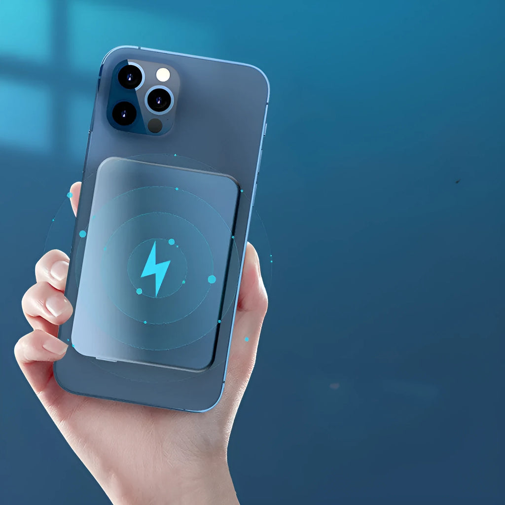 Silver aluminium Apple magnetic wireless power bank showing USB-C port and dimensions.