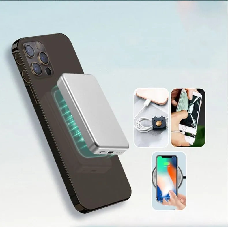 Silver aluminium Apple magnetic wireless power bank showing USB-C port and dimensions.