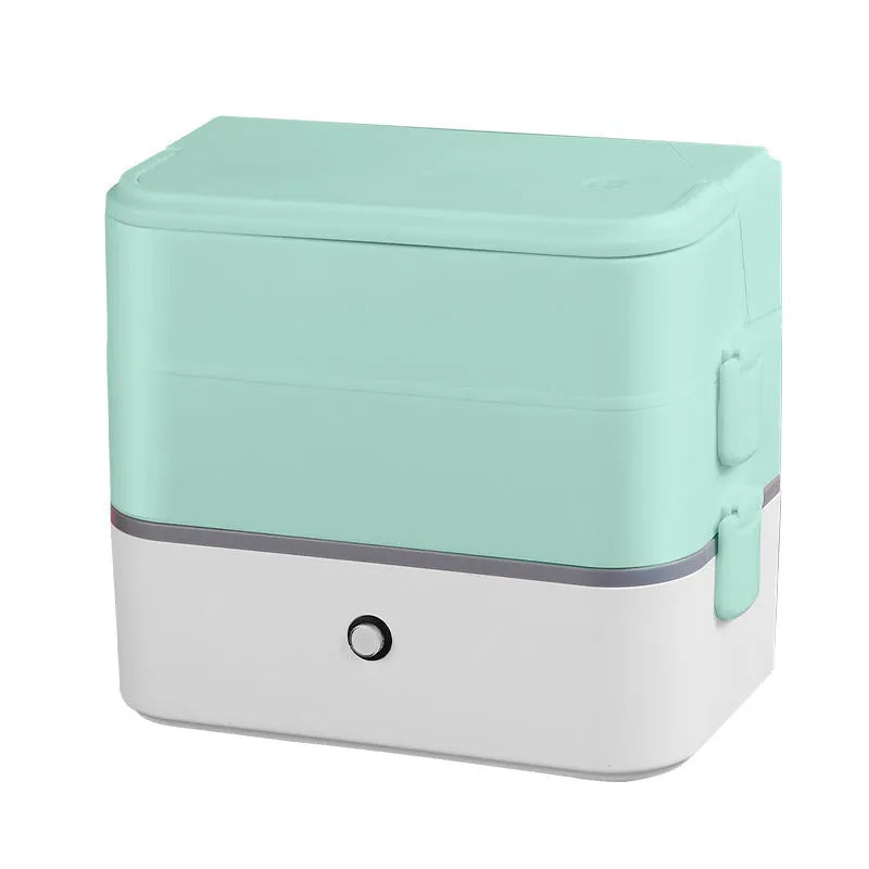 Double-layer portable heated lunch box with stainless steel liner showing push-button controls and power cord