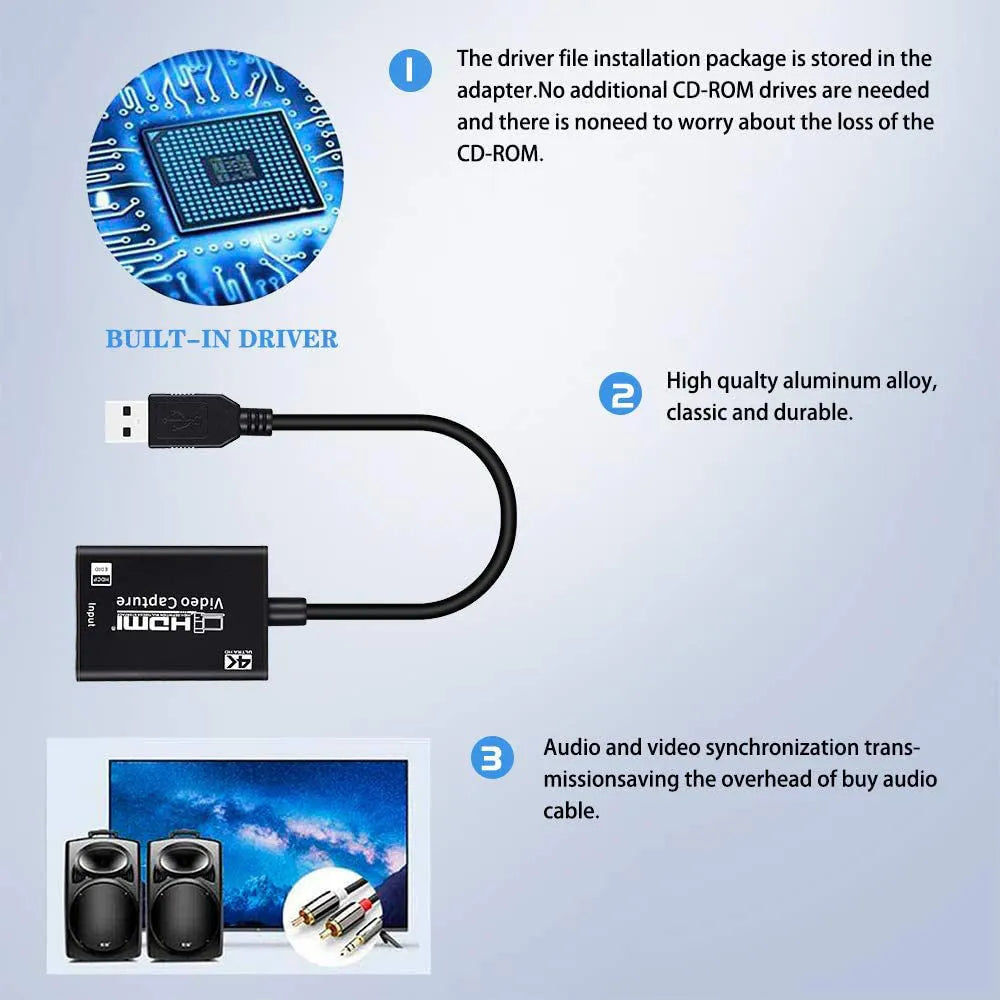 Black HDMI capture card with HDMI to USB connection, 59g weight, for game live broadcast