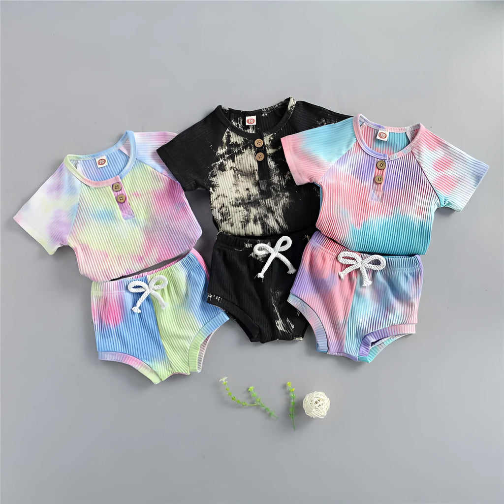 Baby summer tie dyed knitted clothing set with long sleeve top and shorts for boys and girls in black pink yellow