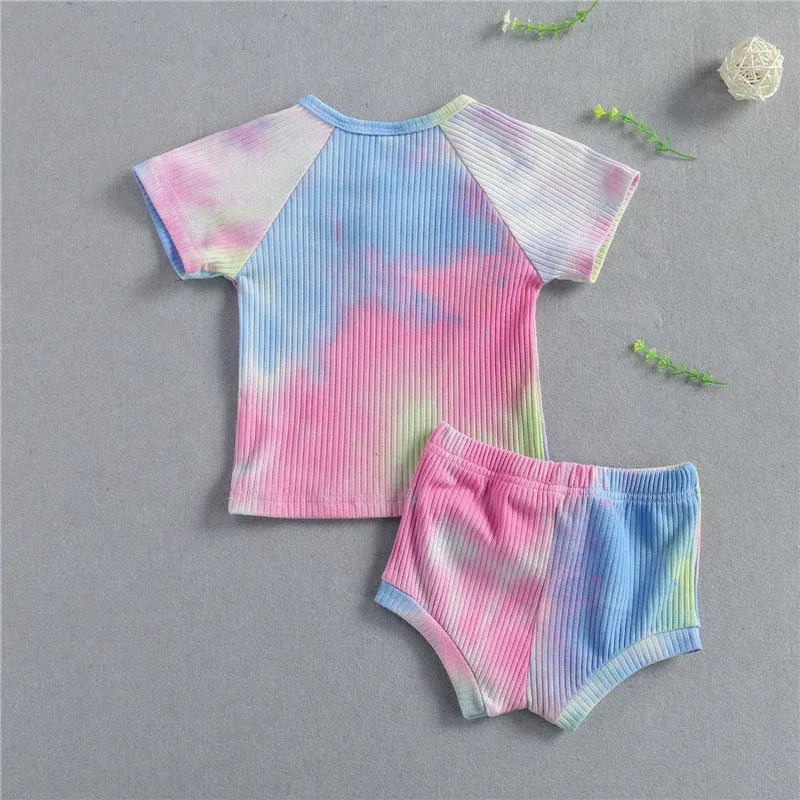 Baby summer tie dyed knitted clothing set with long sleeve top and shorts for boys and girls in black pink yellow