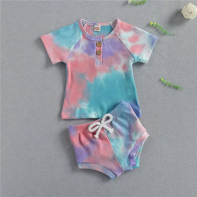 Baby summer tie dyed knitted clothing set with long sleeve top and shorts for boys and girls in black pink yellow