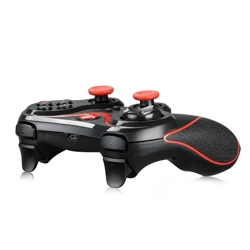 Black wireless Bluetooth gamepad controller for Android and iOS mobile gaming measuring 17cm