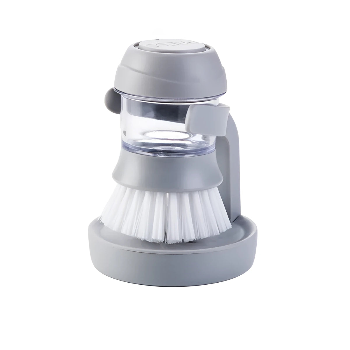 Grey automatic liquid adding cleaning brush with scraper edge for kitchen pot washing, 5.5x4x8.5cm