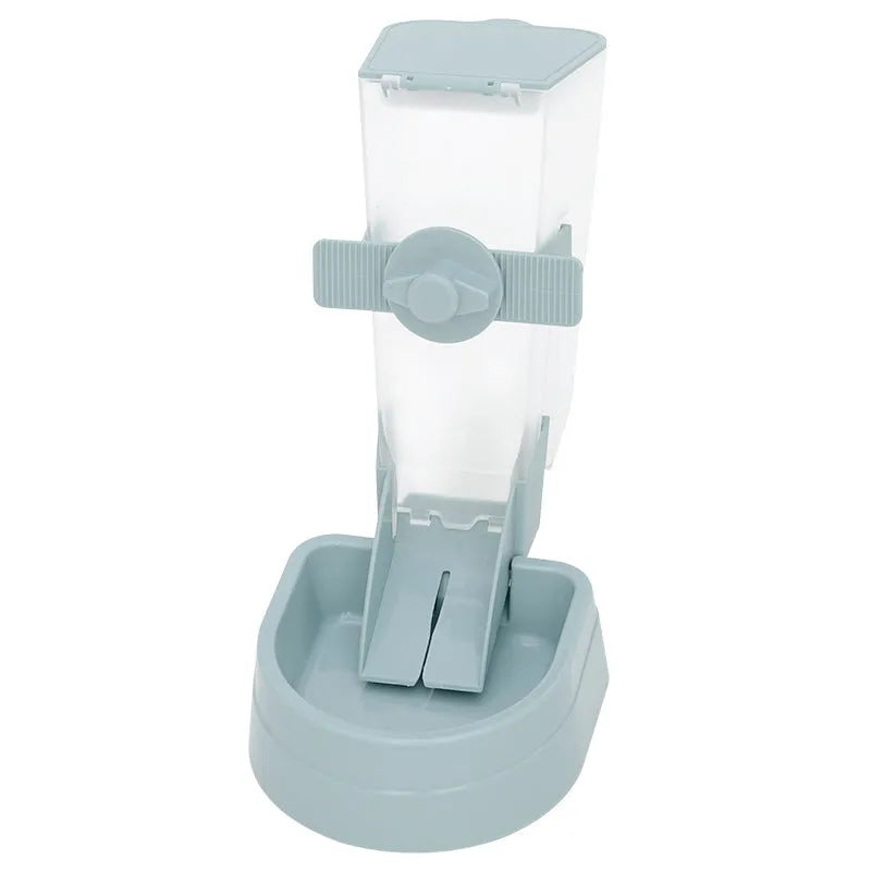 Grey hanging pet feeder with screw adjustment and lid on a cage, large capacity bowl