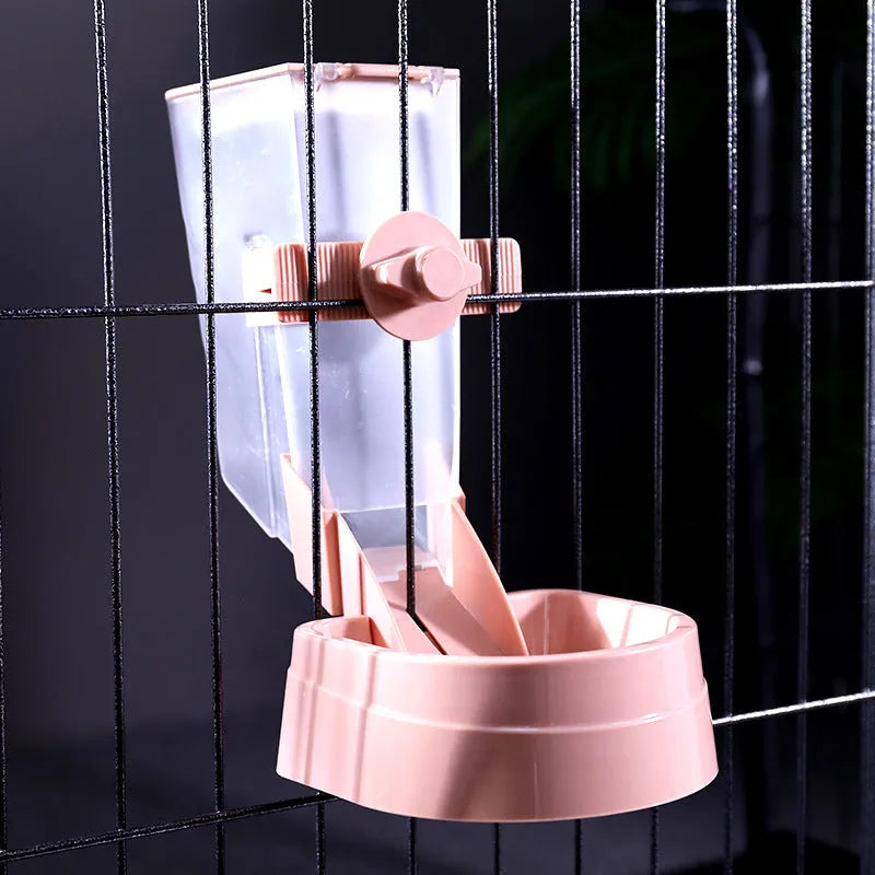 Grey hanging pet feeder with screw adjustment and lid on a cage, large capacity bowl
