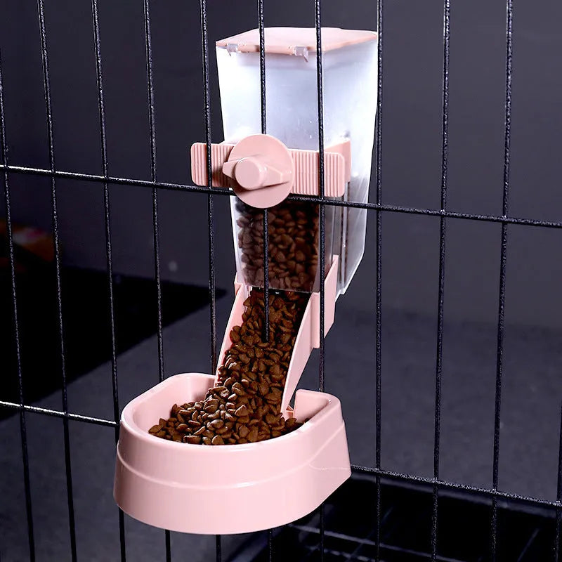 Grey hanging pet feeder with screw adjustment and lid on a cage, large capacity bowl