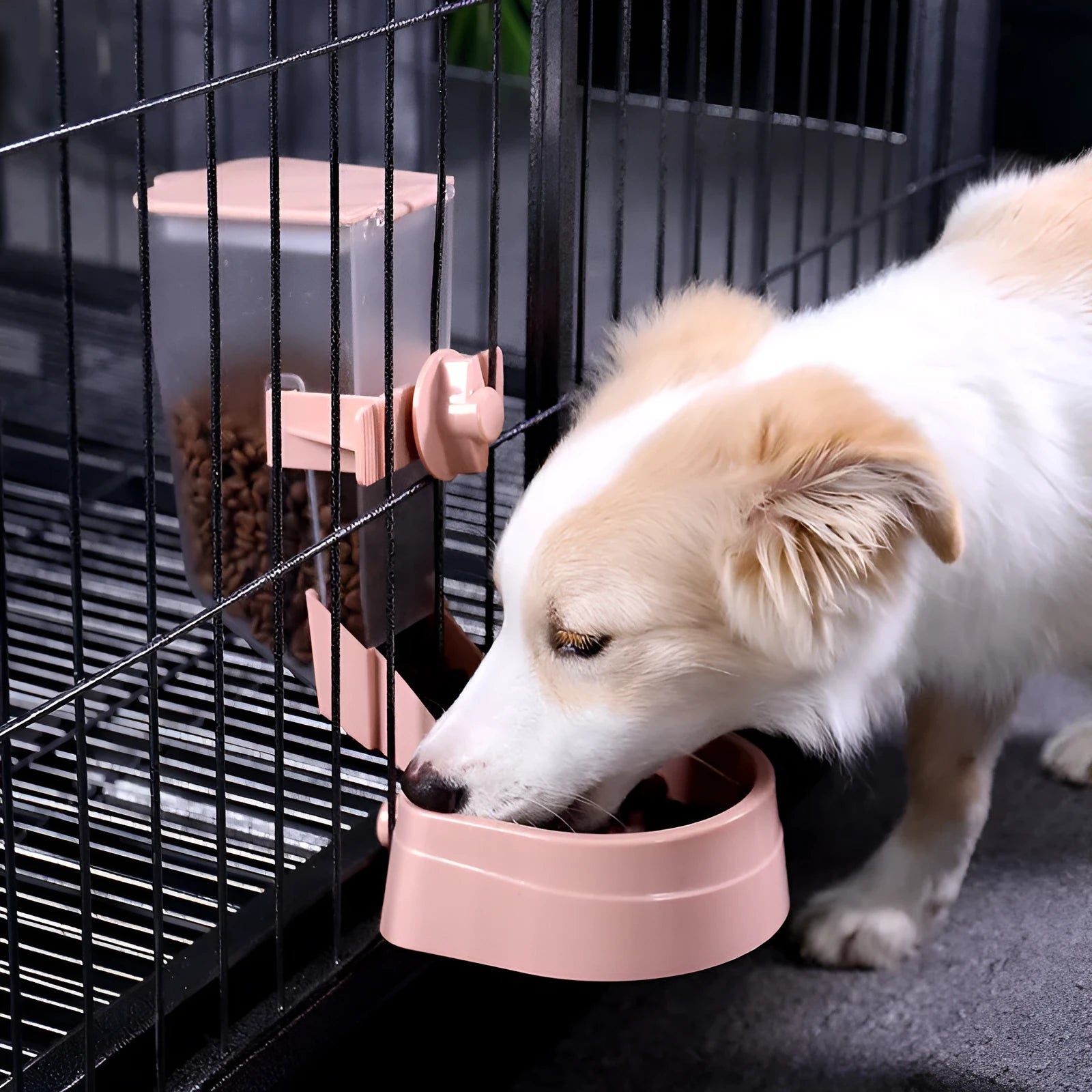 Grey hanging pet feeder with screw adjustment and lid on a cage, large capacity bowl