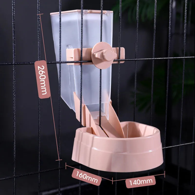 Grey hanging pet feeder with screw adjustment and lid on a cage, large capacity bowl