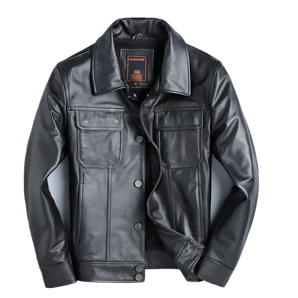 Men's short slim black leather jacket in first layer cowhide with lapel collar and zipper placket, sizes M and L.