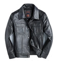 Men's short slim black leather jacket in first layer cowhide with lapel collar and zipper placket, sizes M and L.