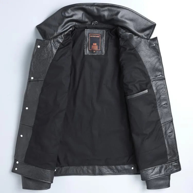 Men's short slim black leather jacket in first layer cowhide with lapel collar and zipper placket, sizes M and L.