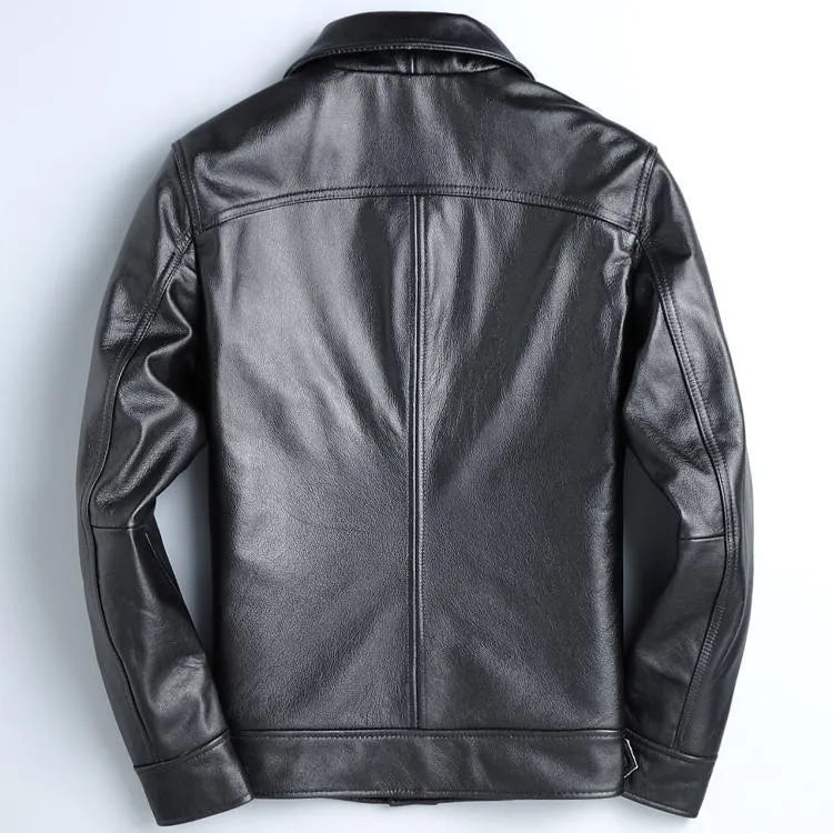 Men's short slim black leather jacket in first layer cowhide with lapel collar and zipper placket, sizes M and L.