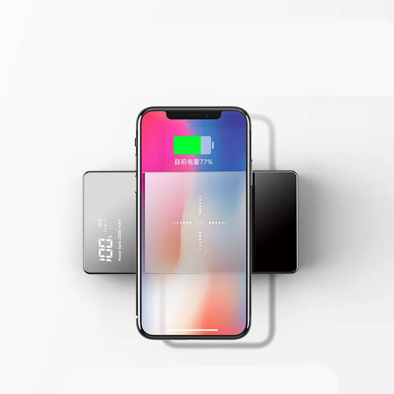 Black or white wireless power bank with 20000 mAh capacity, digital display, two USB outputs, size 73 mm x 153 mm x 22 mm.