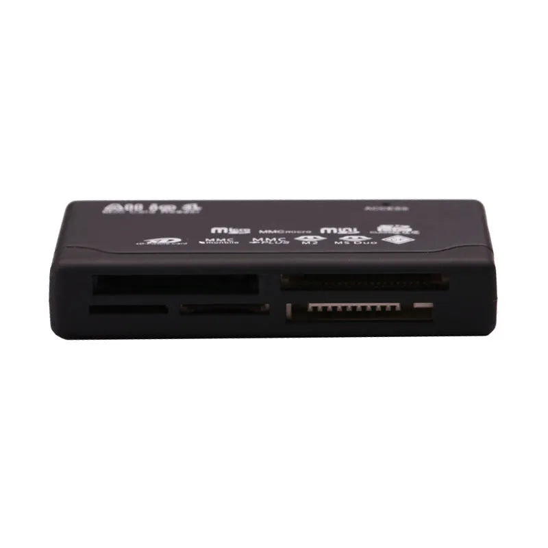 Black multi-function USB card reader, approx. 67 x 40 x 12mm, with USB cable and LED lights