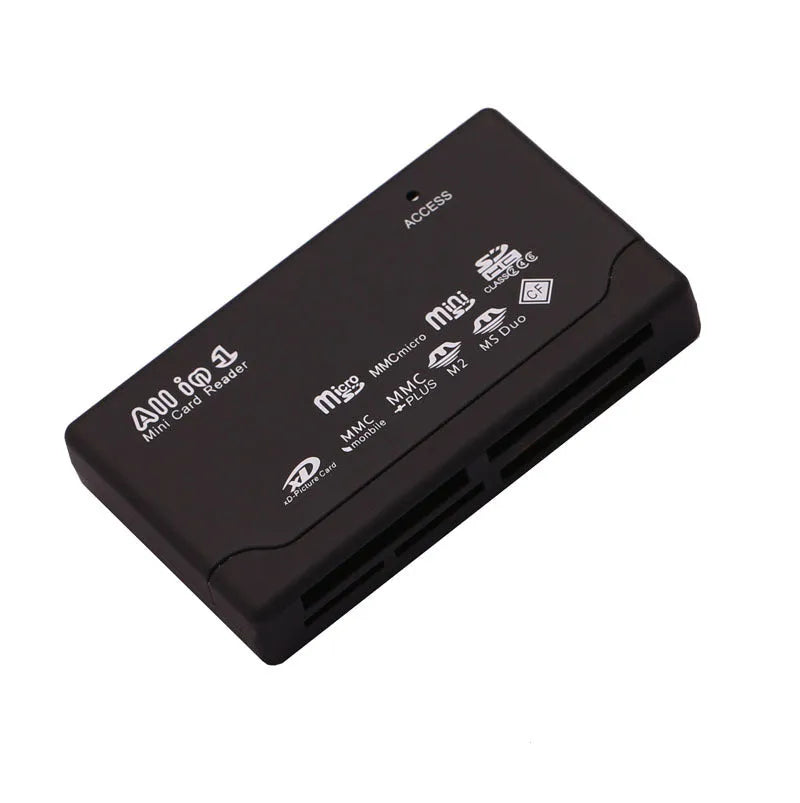 Black multi-function USB card reader, approx. 67 x 40 x 12mm, with USB cable and LED lights