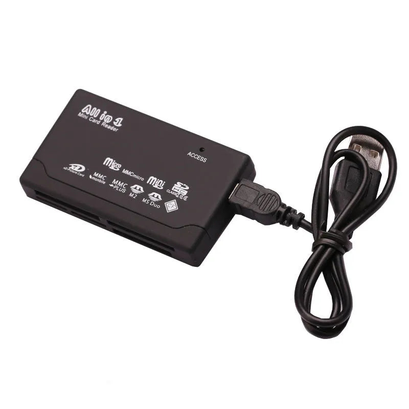 Black multi-function USB card reader, approx. 67 x 40 x 12mm, with USB cable and LED lights