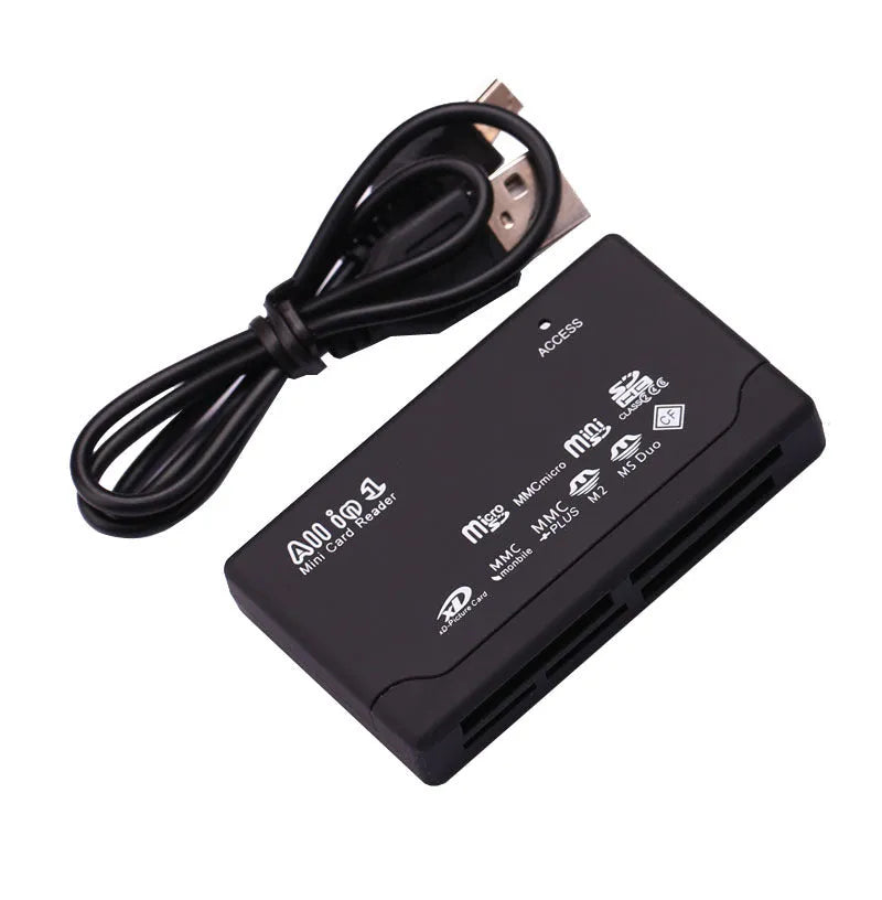 Black multi-function USB card reader, approx. 67 x 40 x 12mm, with USB cable and LED lights