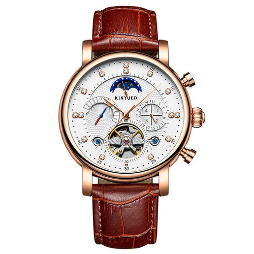 Men's automatic hollow dial mechanical watch with leather strap and stainless steel buckle, black silver colour