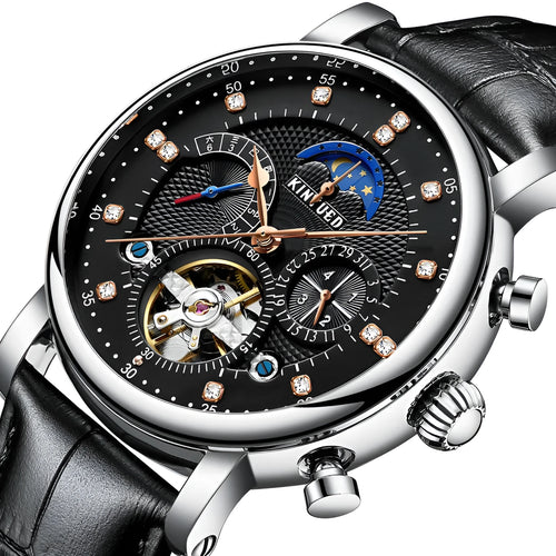 Men's automatic hollow dial mechanical watch with leather strap and stainless steel buckle, black silver colour