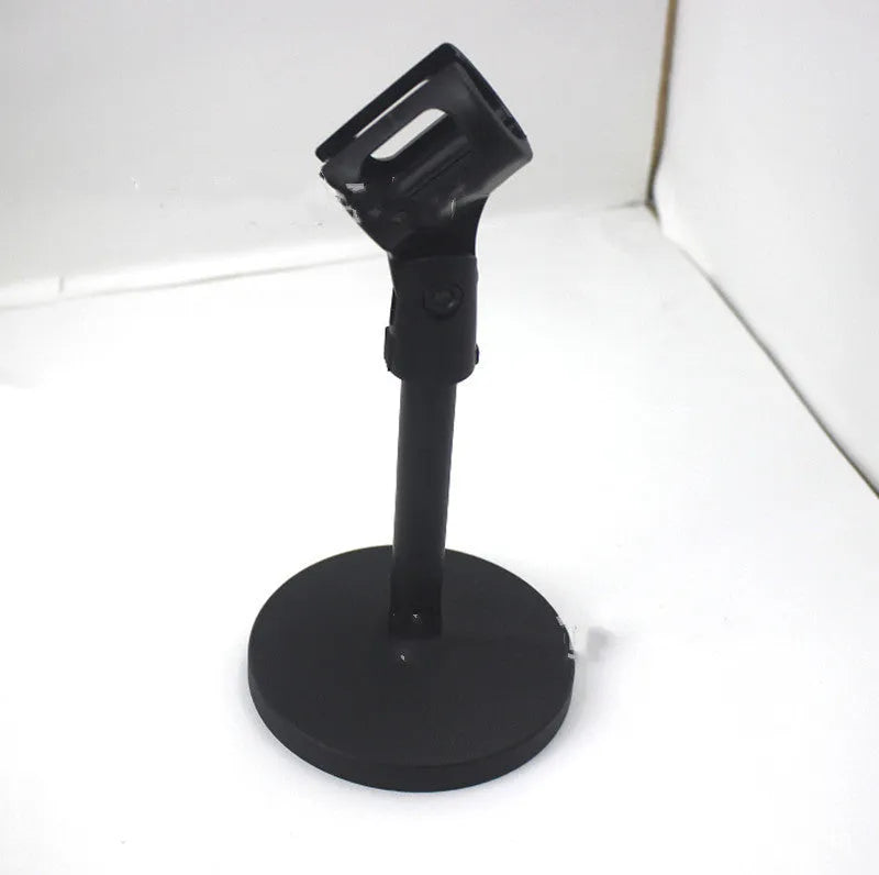 Black metal desktop microphone bracket with triangular base and fixed 22cm height