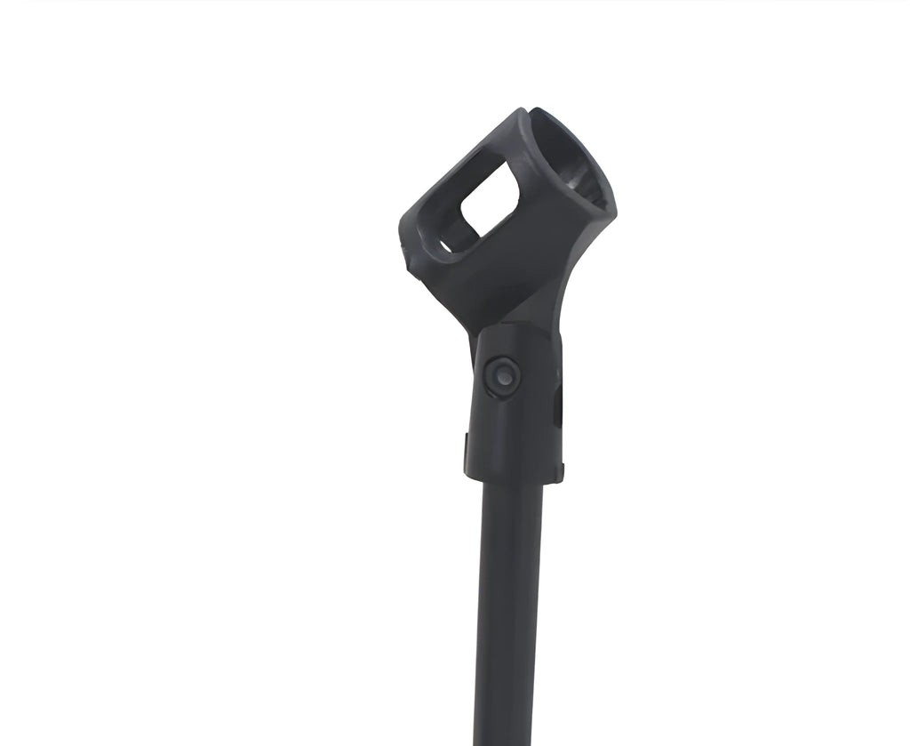 Black metal desktop microphone bracket with triangular base and fixed 22cm height