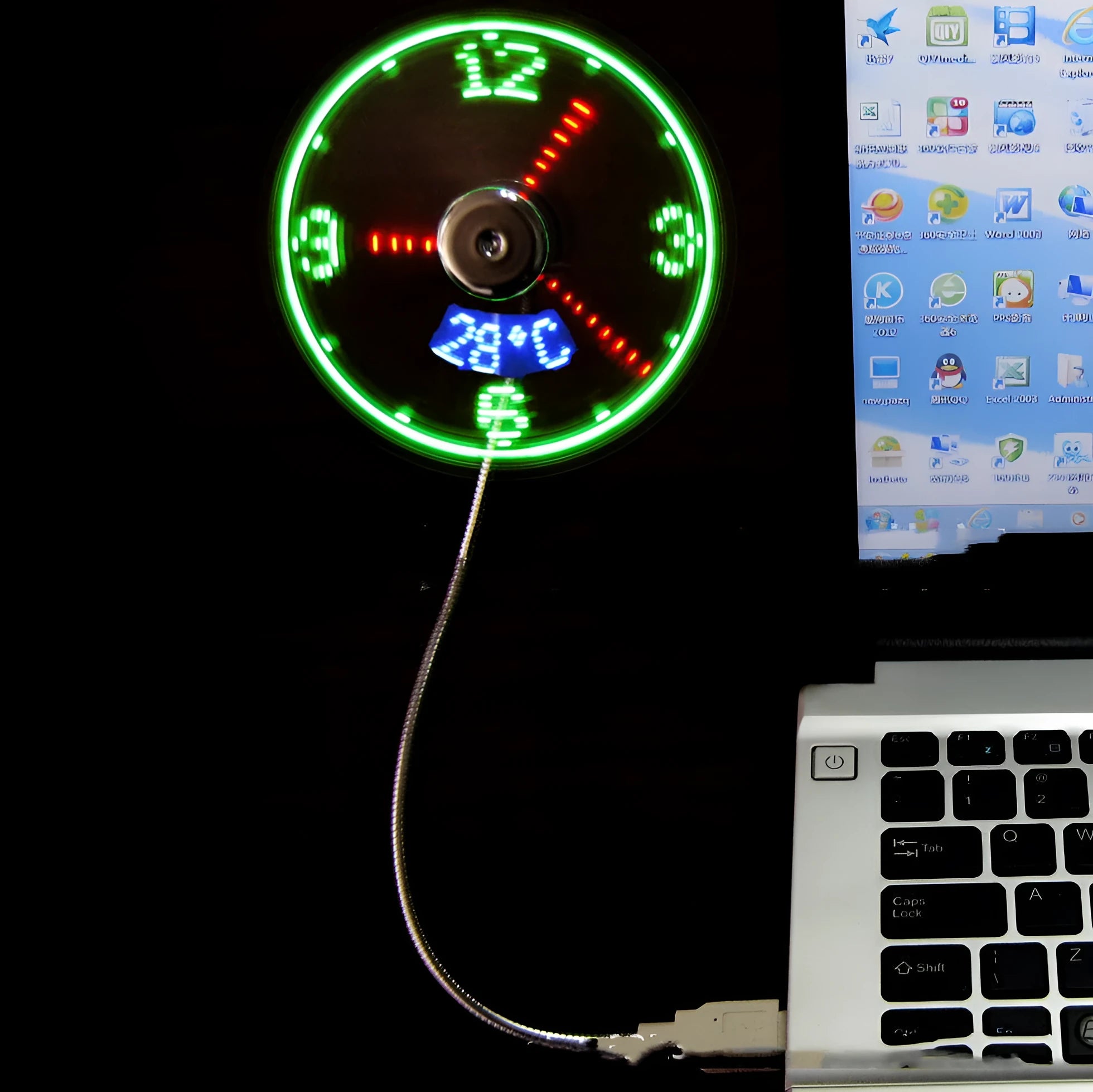 Silver USB clock temperature fan with flexible neck and LED display