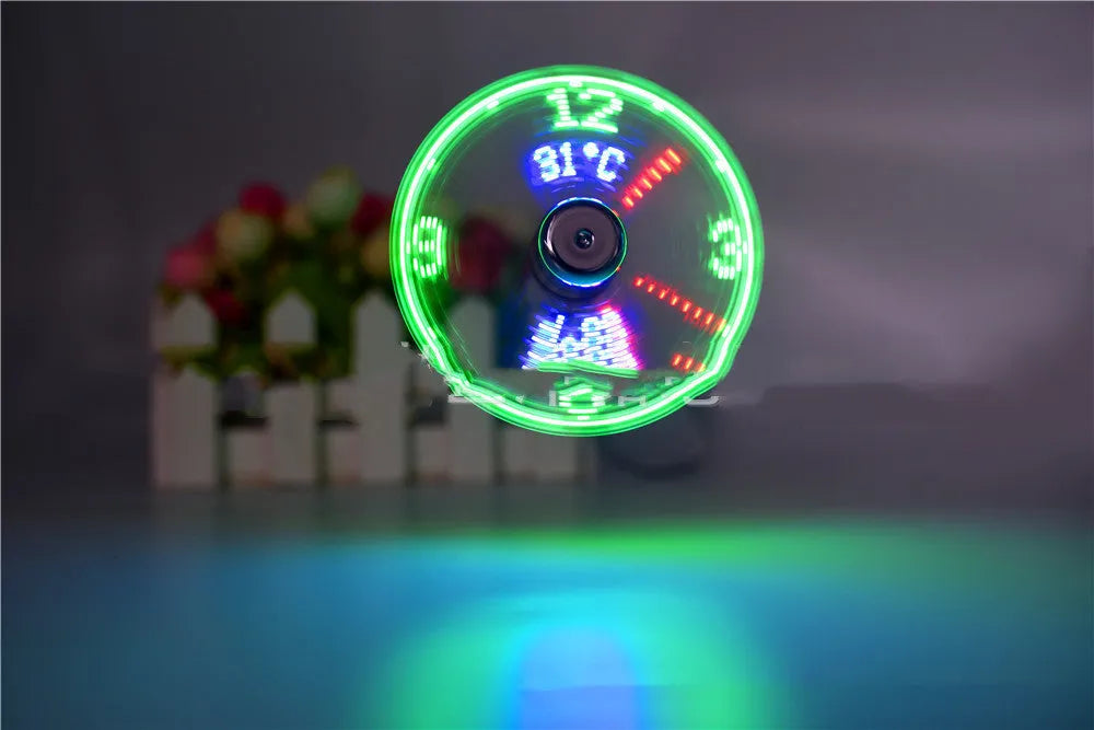 Silver USB clock temperature fan with flexible neck and LED display