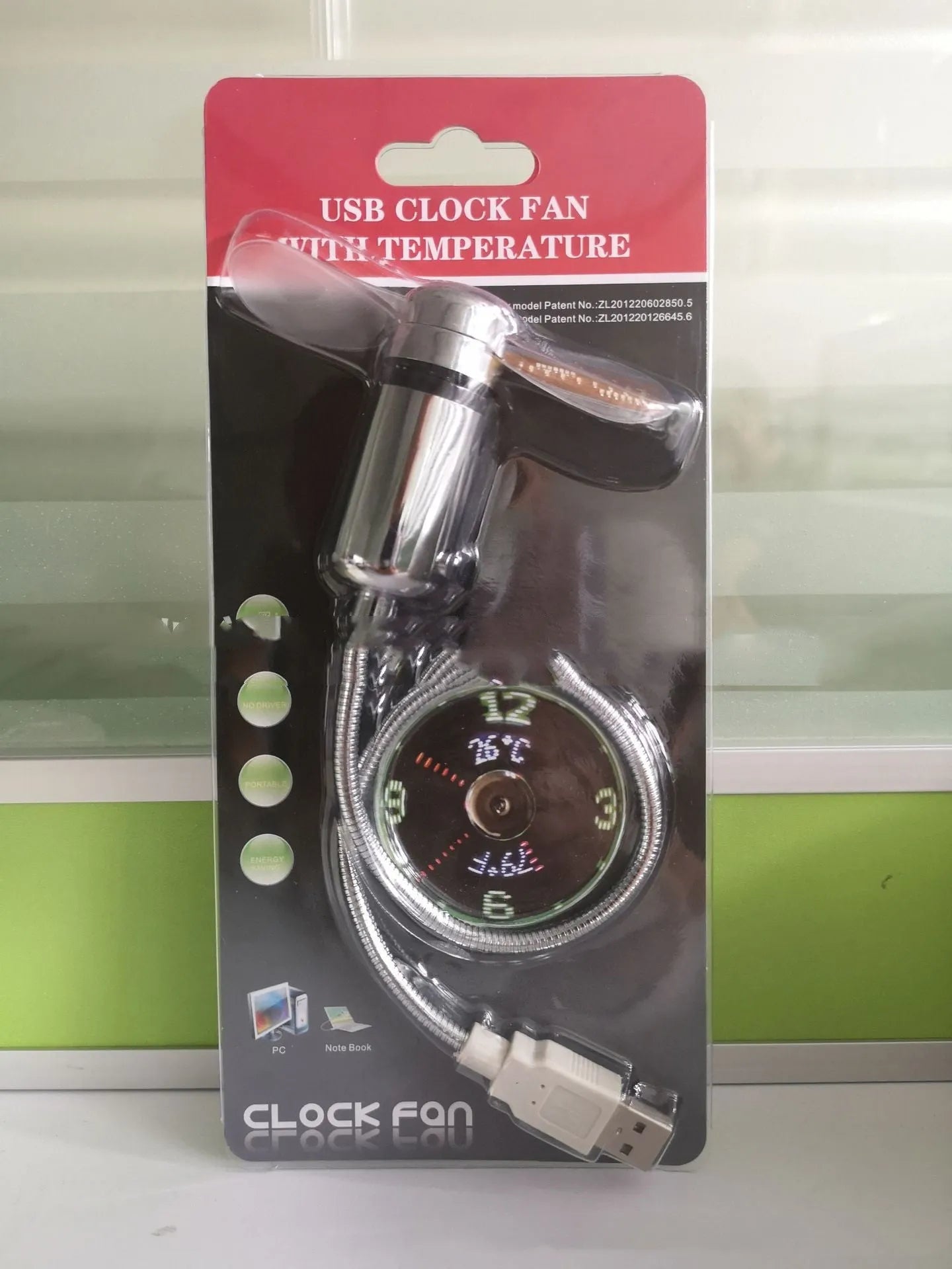Silver USB clock temperature fan with flexible neck and LED display