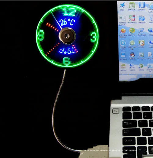 Silver USB clock temperature fan with flexible neck and LED display