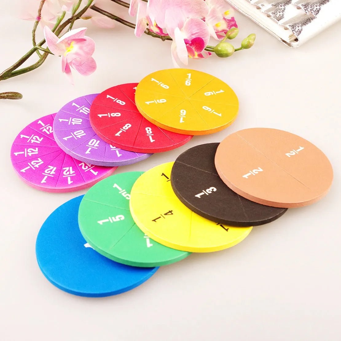 Combined fraction plate and circle teaching aids with magnetic blocks and transparent films on a plastic base.