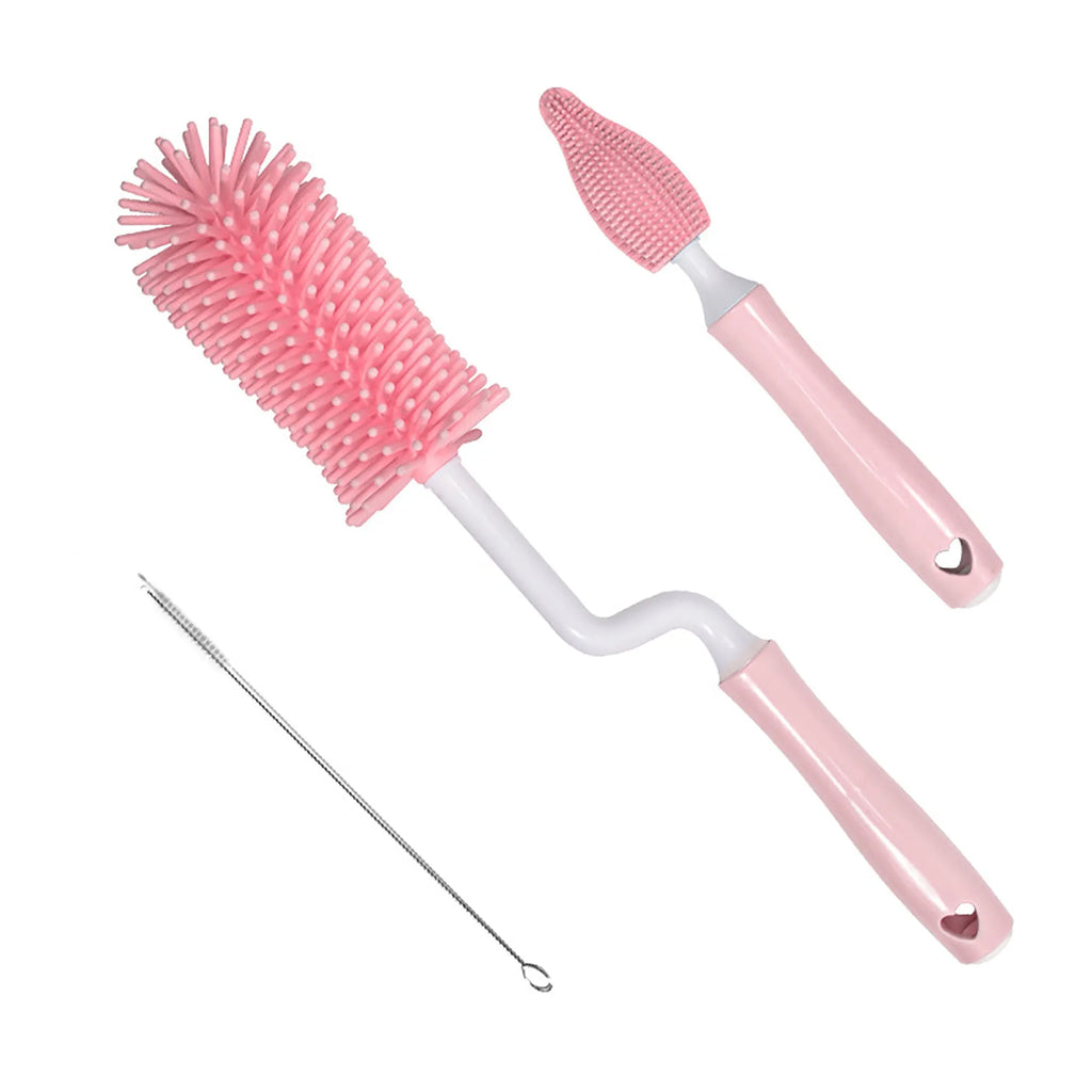 Baby silicone bottle brush set with straw cleaner in pink blue yellow colours