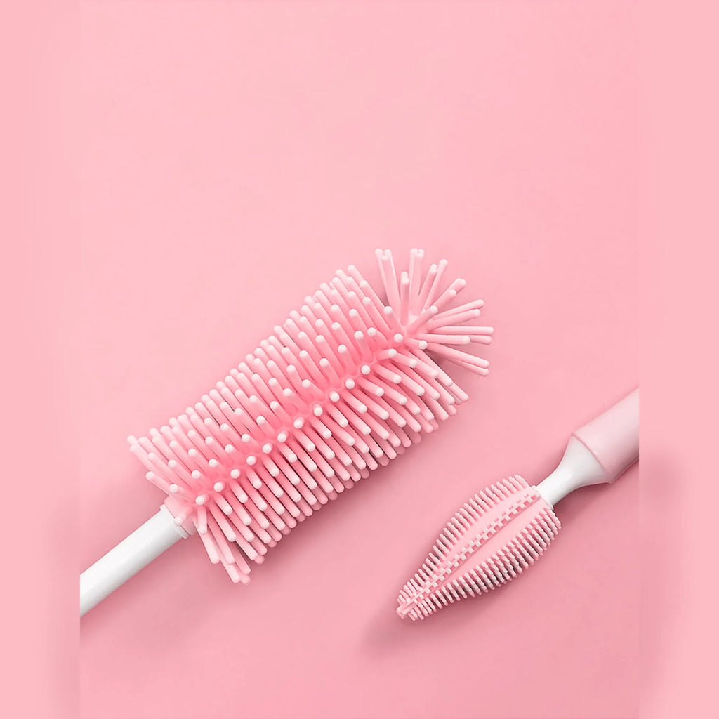 Baby silicone bottle brush set with straw cleaner in pink blue yellow colours