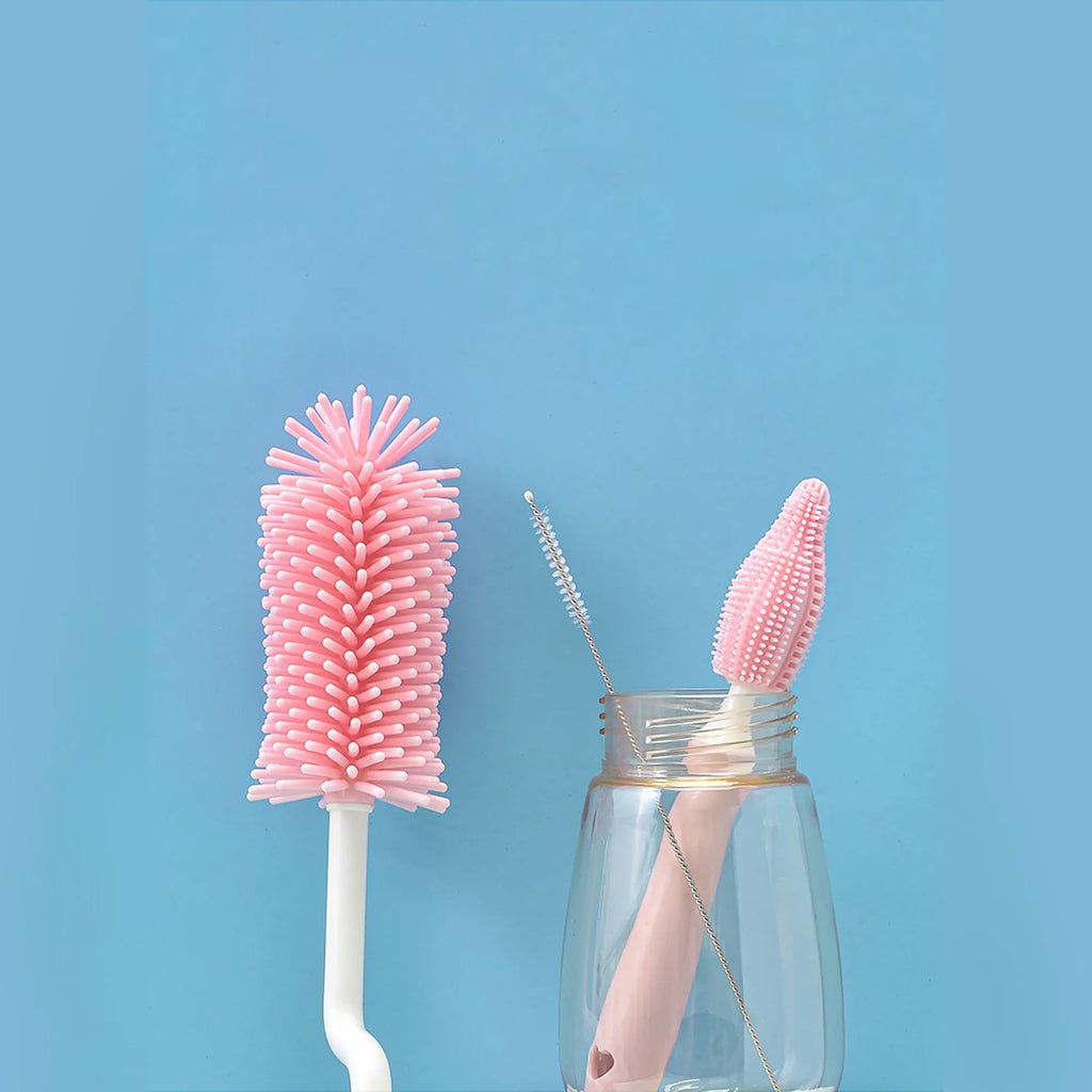Baby silicone bottle brush set with straw cleaner in pink blue yellow colours