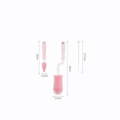 Baby bottle brush set with silicone bristles and a small straw cleaning brush in pink, blue, and yellow colours.