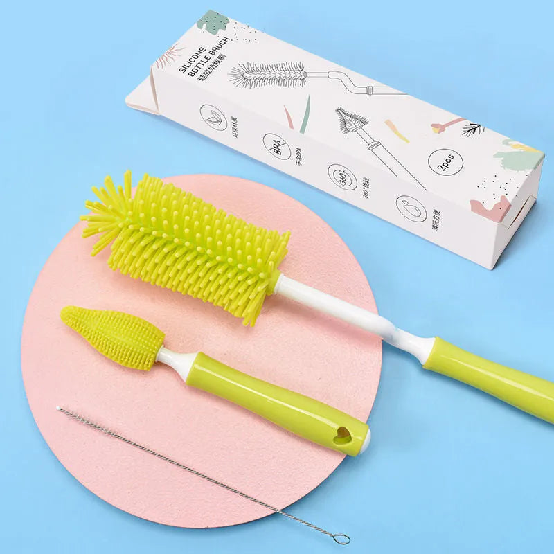 Baby silicone bottle brush set with straw cleaner in pink blue yellow colours