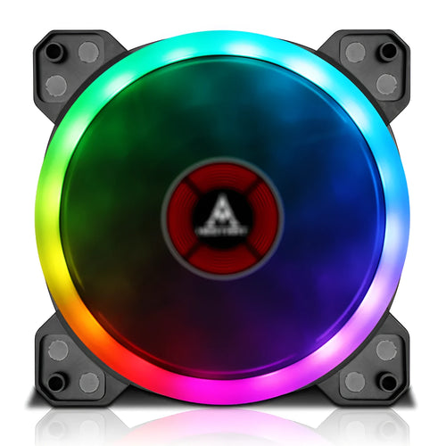 12cm camouflage patterned PC case fan with illuminated RGB blades and central hub.