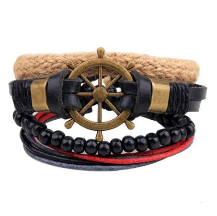 Hand-woven leather bracelet with wooden beads and adjustable design for vintage punk style
