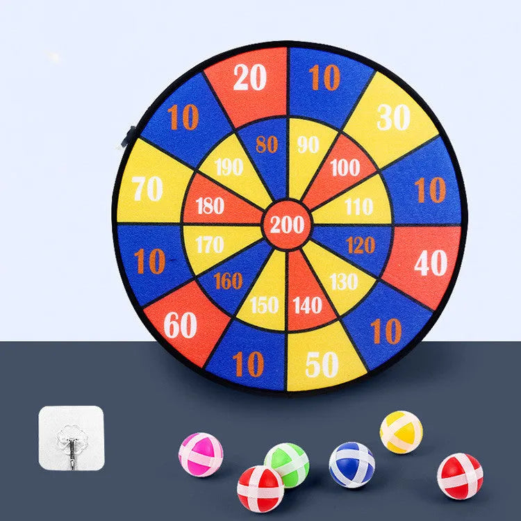Children's plastic sticky ball dart board with cartoon design, 6 balls, and hook for wall mounting