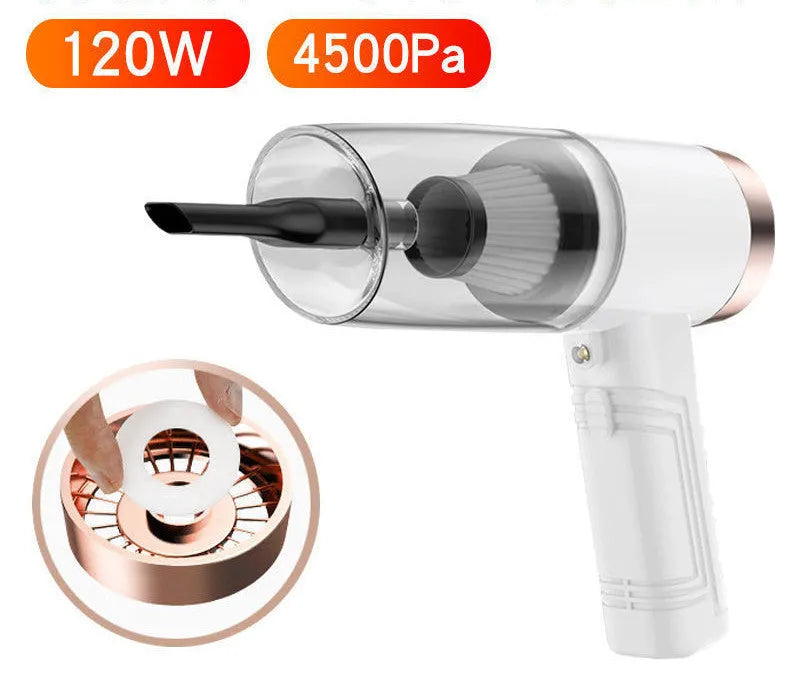 Black and white 12V car vacuum cleaner with long cord and set of five suction attachments.