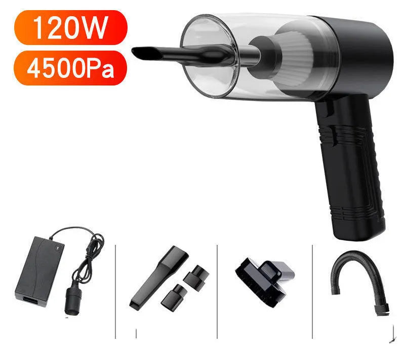 Black and white 12V car vacuum cleaner with long cord and set of five suction attachments.