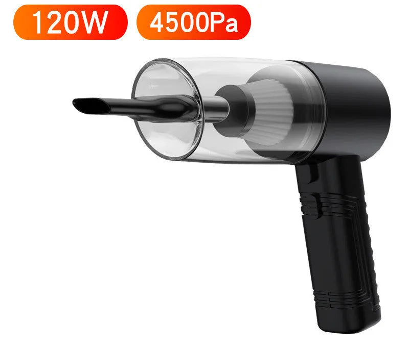 Black and white 12V car vacuum cleaner with long cord and set of five suction attachments.
