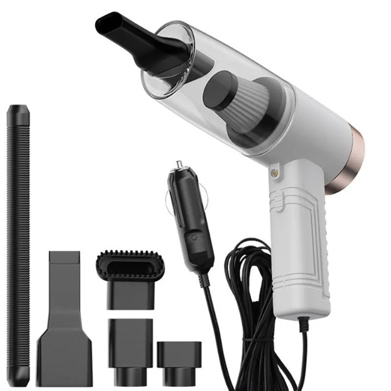12V car vacuum cleaner with accessories in starry sky black colour showing suction power demonstration