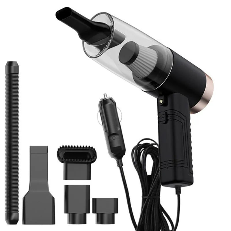 Black and white 12V car vacuum cleaner with long cord and set of five suction attachments.