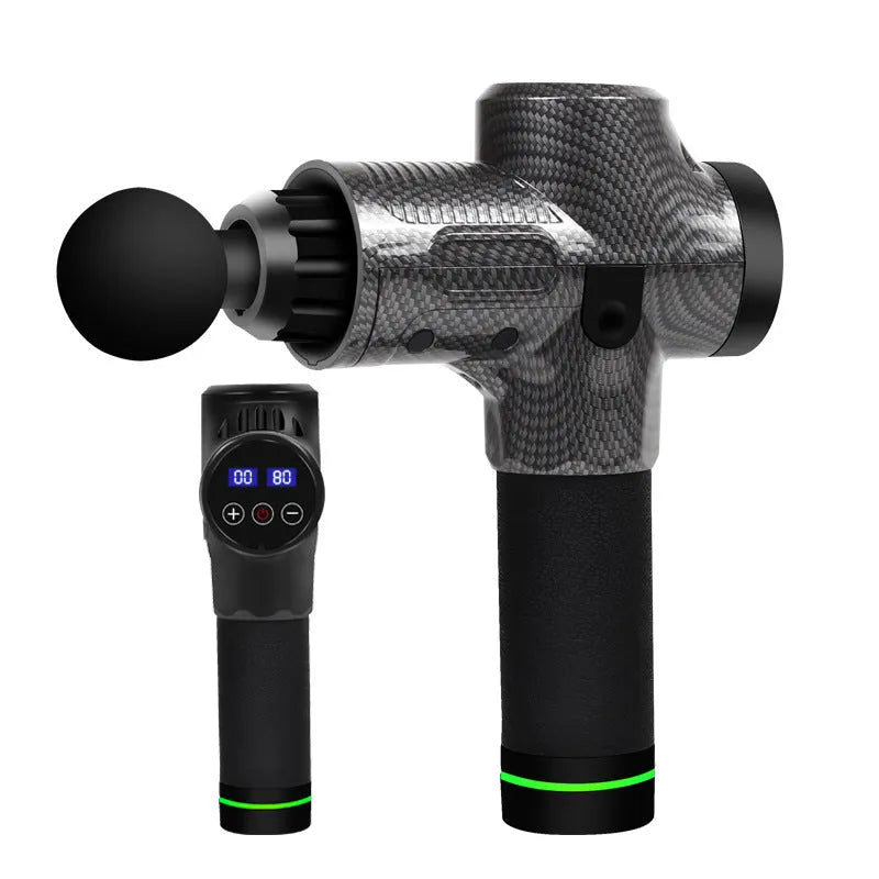 Black electric percussion massage gun with 7 different coloured attachment heads on a table.