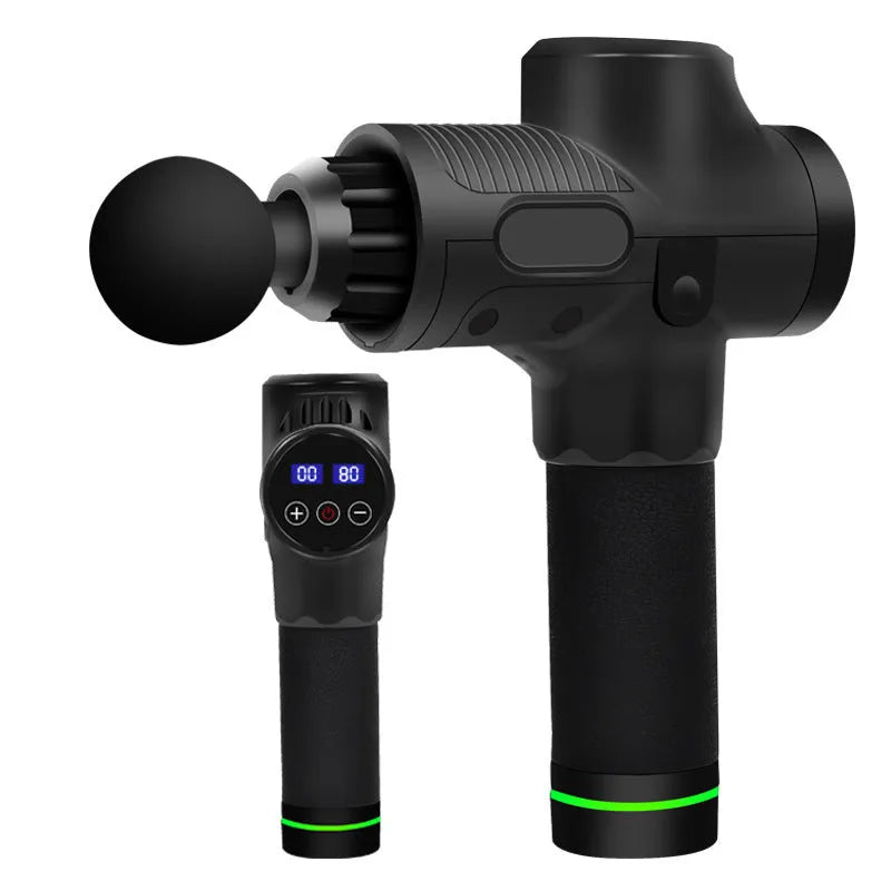 Black electric percussion massage gun with 7 different coloured attachment heads on a table.