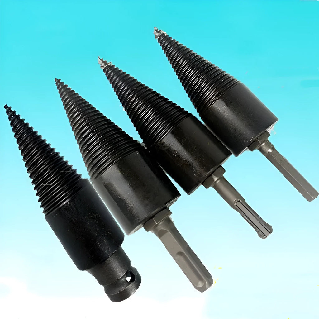 Close-up of a hardened steel hexagonal firewood splitting drill bit with a pointed tip.