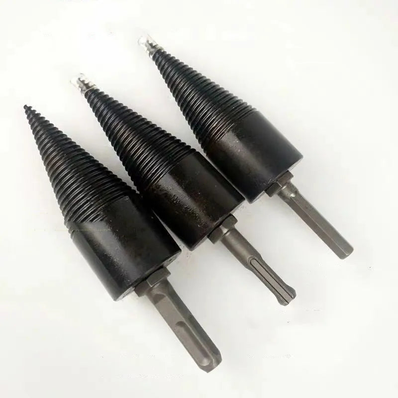 Close-up of a hardened steel hexagonal firewood splitting drill bit with a pointed tip.