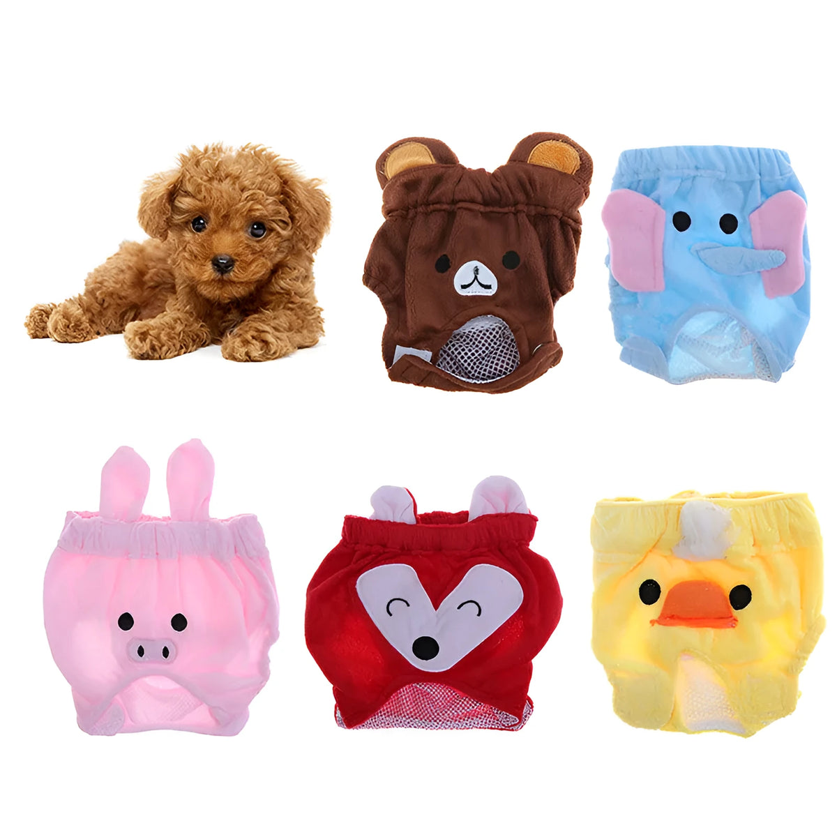 Reusable dog diaper belly band in flannel and mesh with cartoon bear and elephant print, available in five colours and four sizes.
